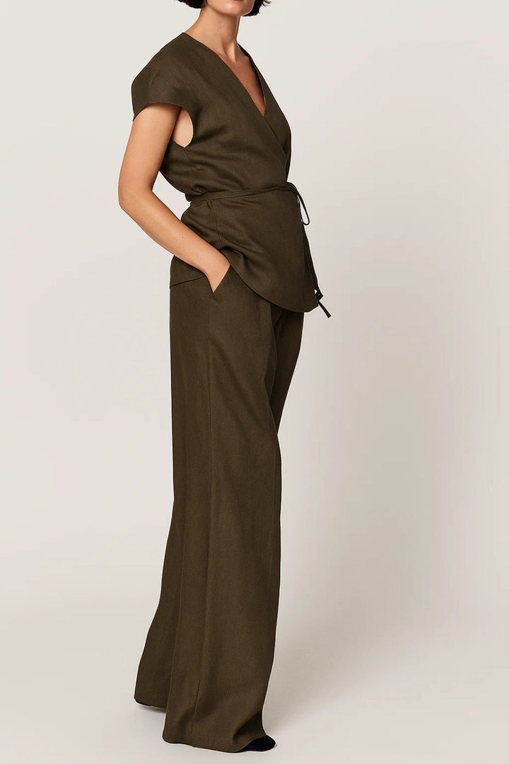 Set Dames - Wikkel Top met Wijde Broek en Strikceintuur | Elegant