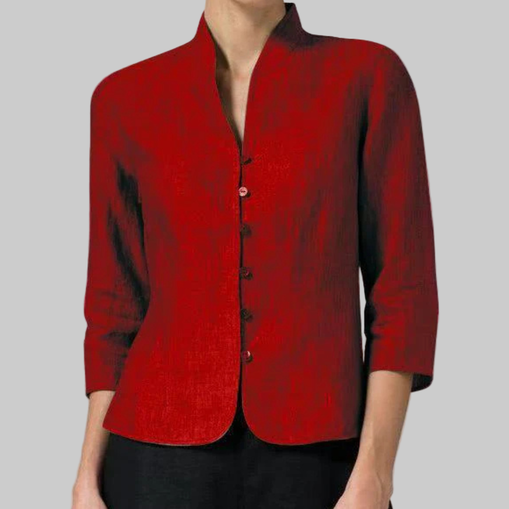 Stijlvolle Luchtige Dames Blouse Met Opstaande Kraag En Knopen