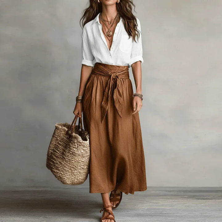 Vera - Elegante Linnen Set Dames met Strikceintuur en Hoge Taille