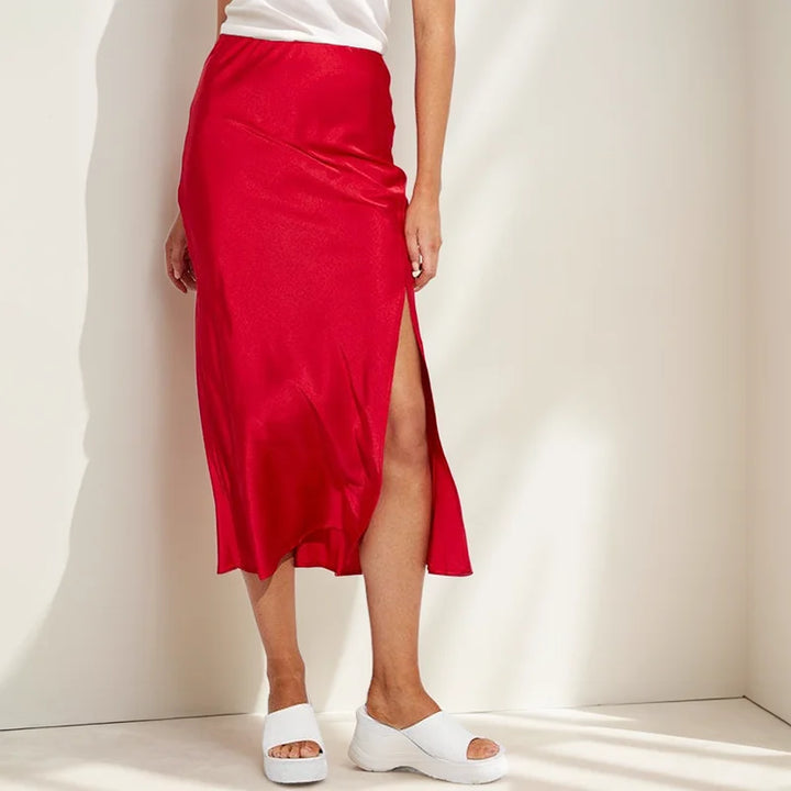 A Lijn Satin Look Midi Rok Voor Dames Met Split En Hoge Taille