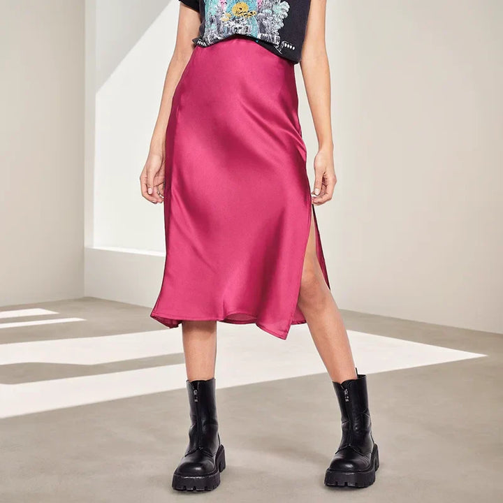 A Lijn Satin Look Midi Rok Voor Dames Met Split En Hoge Taille