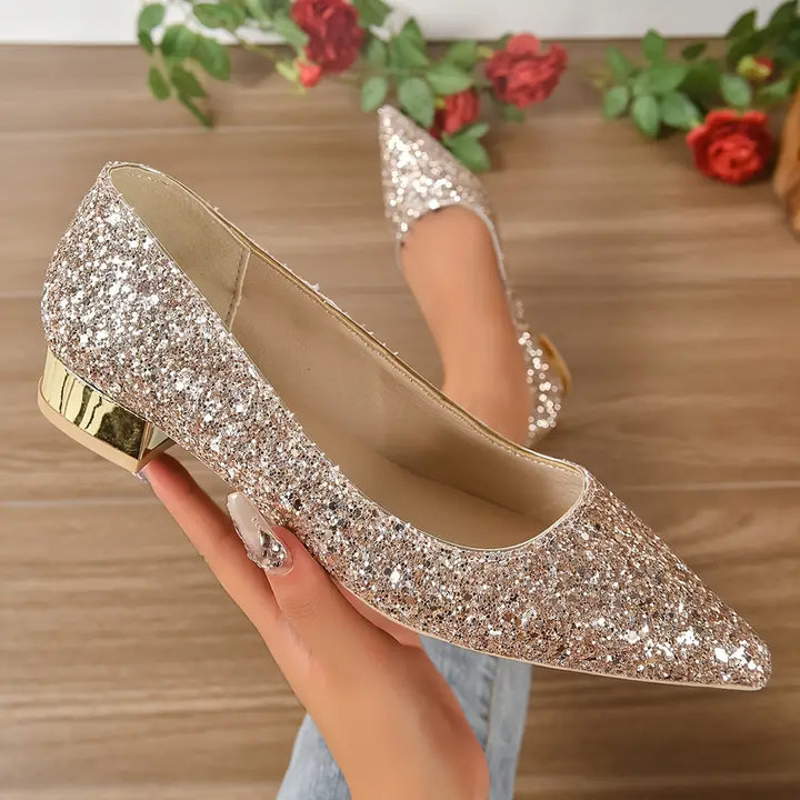 Feestelijke Glitter Pumps Met Lage Blokhak En Spitse Neus Voor Dames