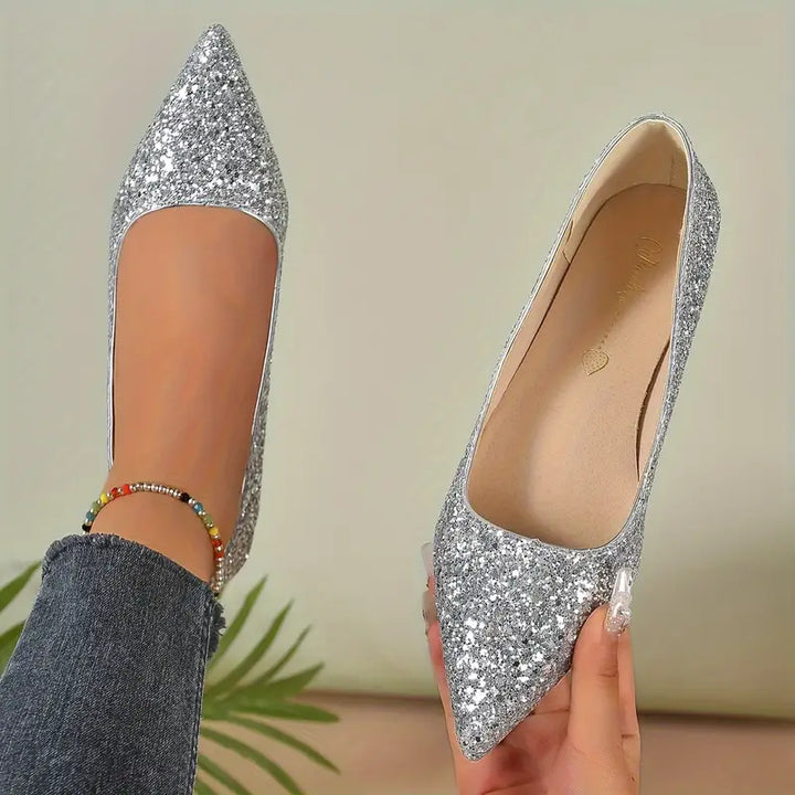 Feestelijke Glitter Pumps Met Lage Blokhak En Spitse Neus Voor Dames