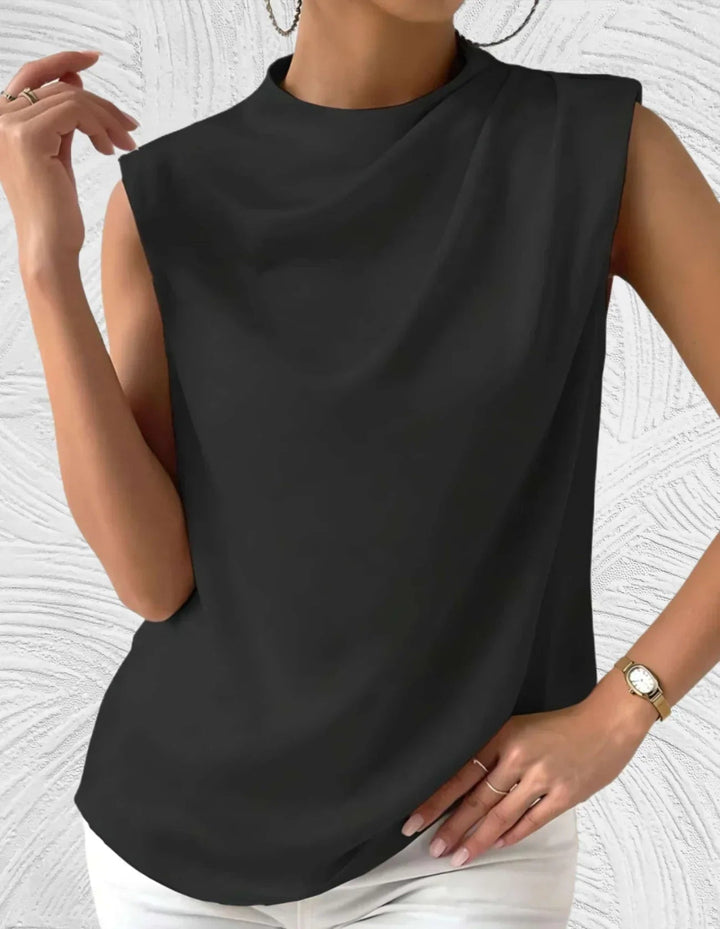 Elegante Dames Satijnen Top met Watervalhals en Mouwloos Design