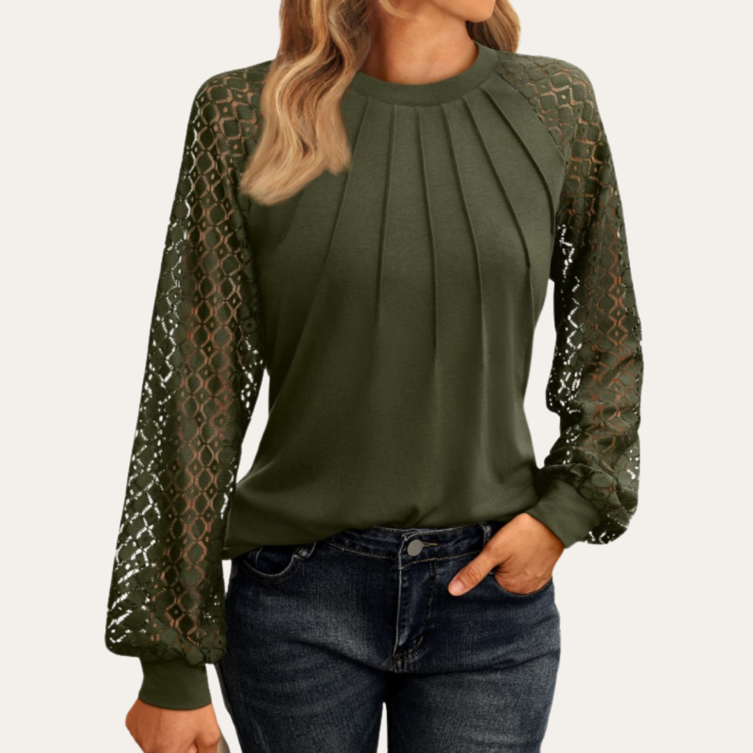 Dames Blouse met Kantmouwen en Geplooide Halslijn
