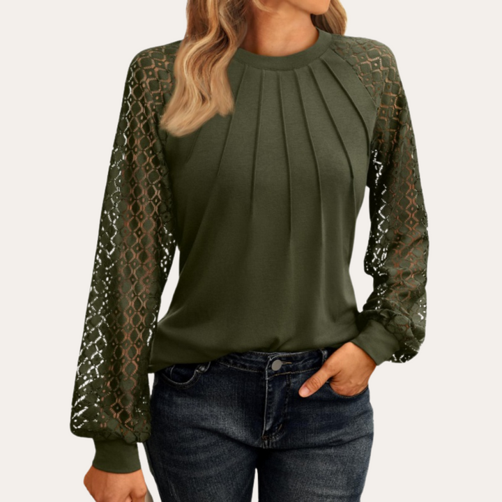 Dames Blouse met Kantmouwen en Geplooide Halslijn