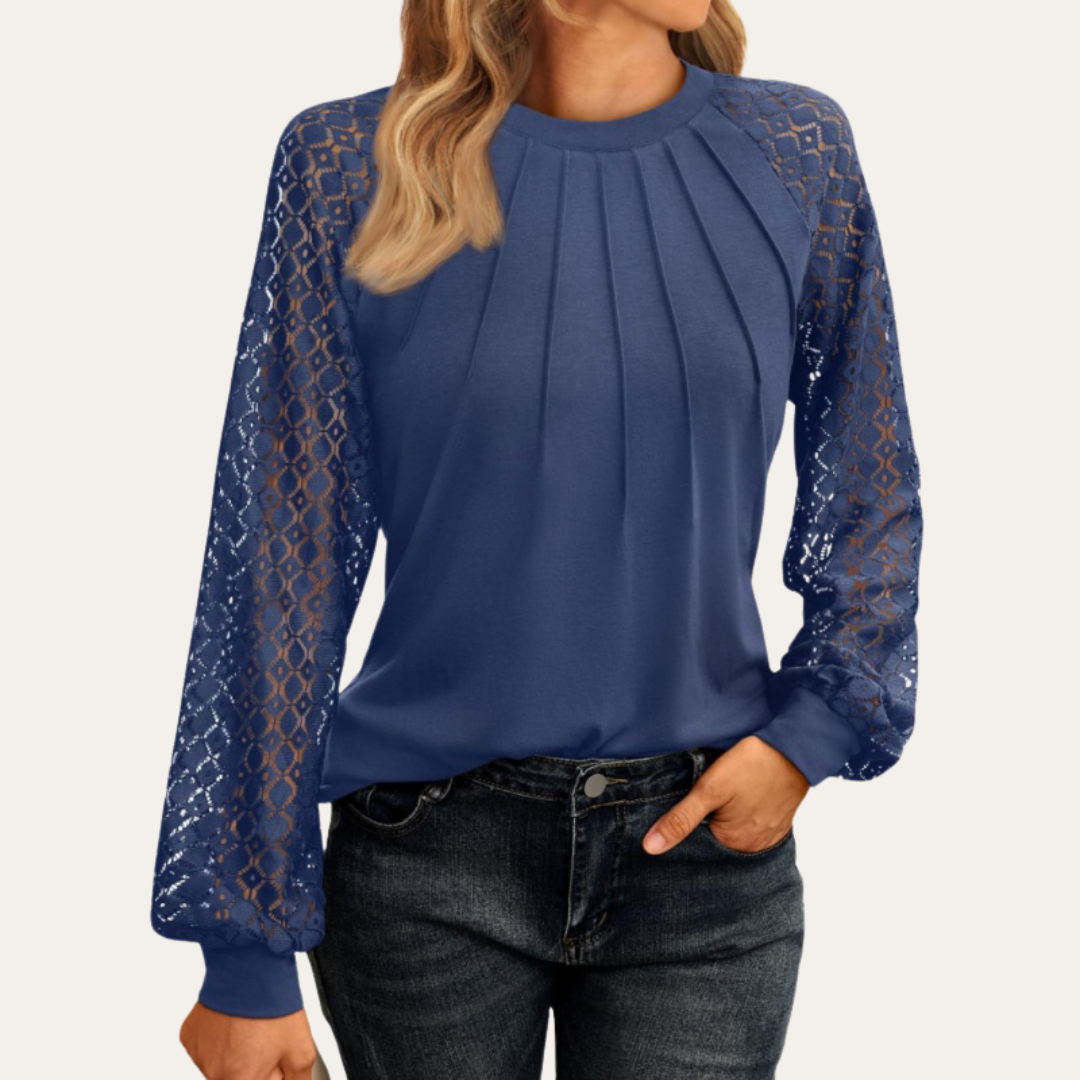 Dames Blouse met Kantmouwen en Geplooide Halslijn