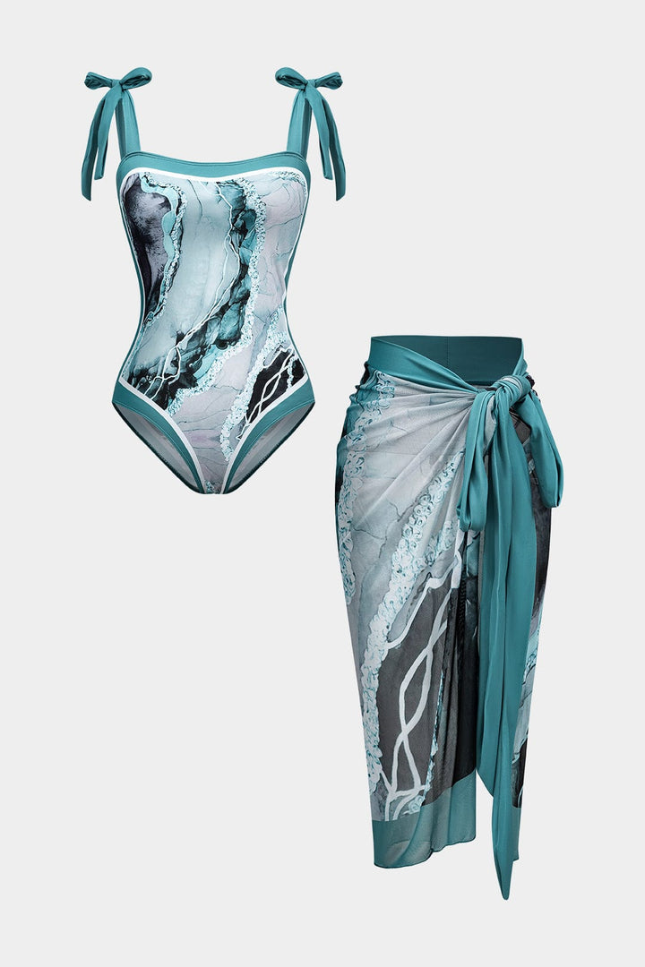 Badpak Set Dames Met Pareo Abstracte Print Strikbanden