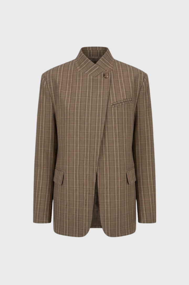 Blazer Dames Oversized Ruitpatroon Opstaande Kraag Casual