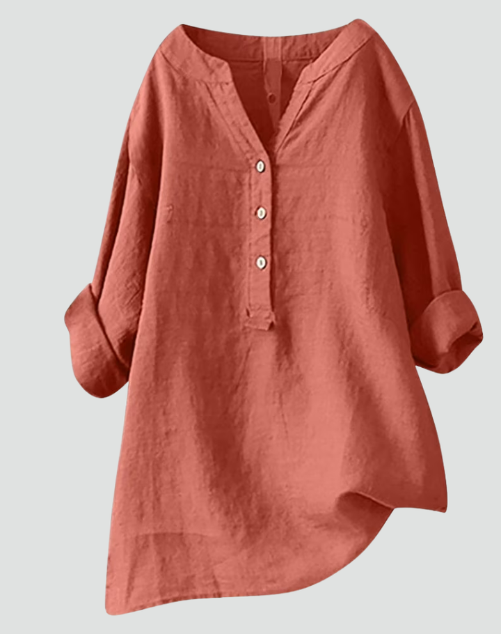 Luchtige Dames Tuniek Blouse Met V Hals En Knoopsluiting
