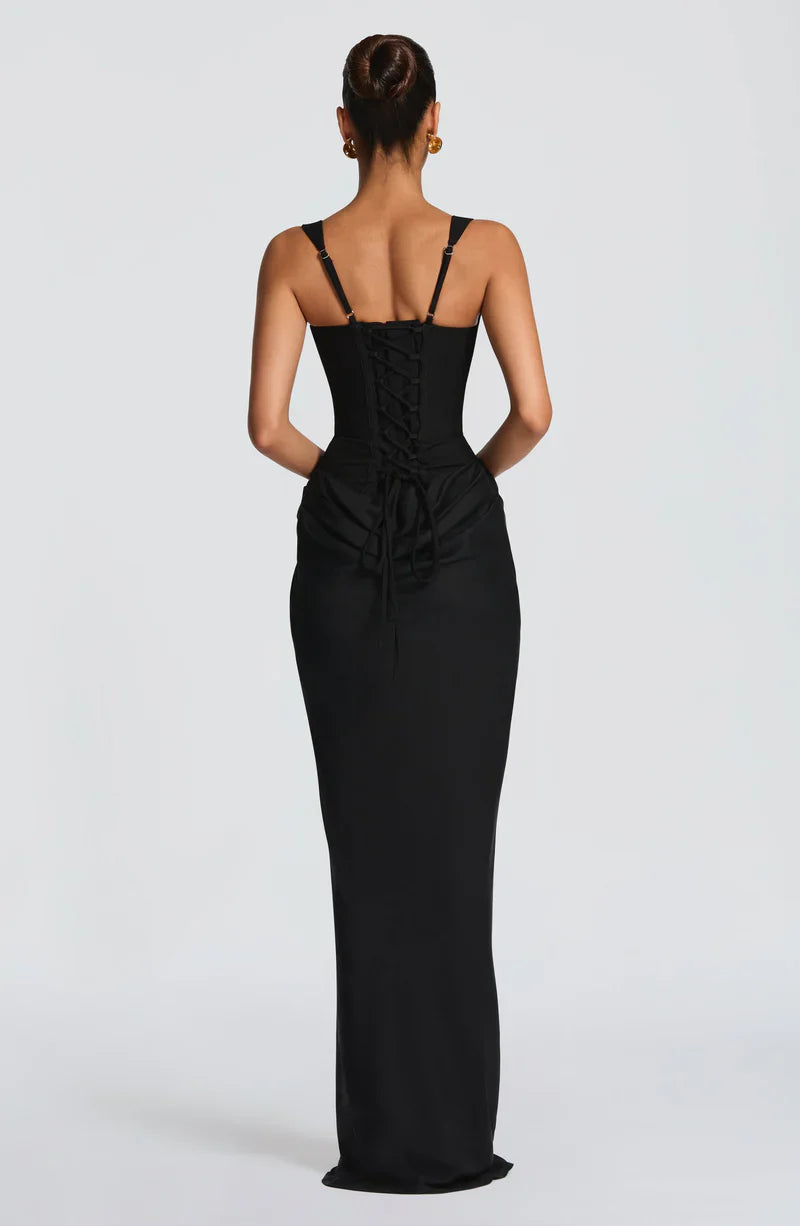 Zwarte Elegante Galajurk Maxi Corset Vetersluiting