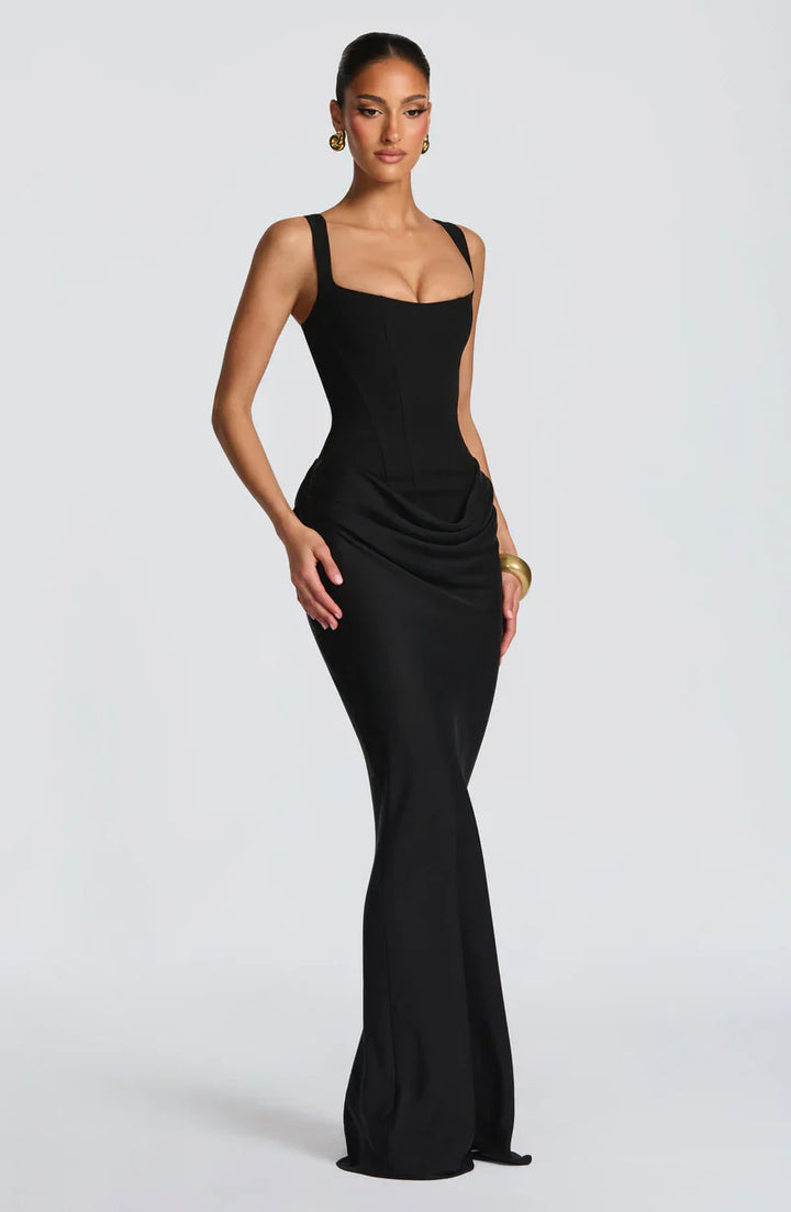 Zwarte Elegante Galajurk Maxi Corset Vetersluiting