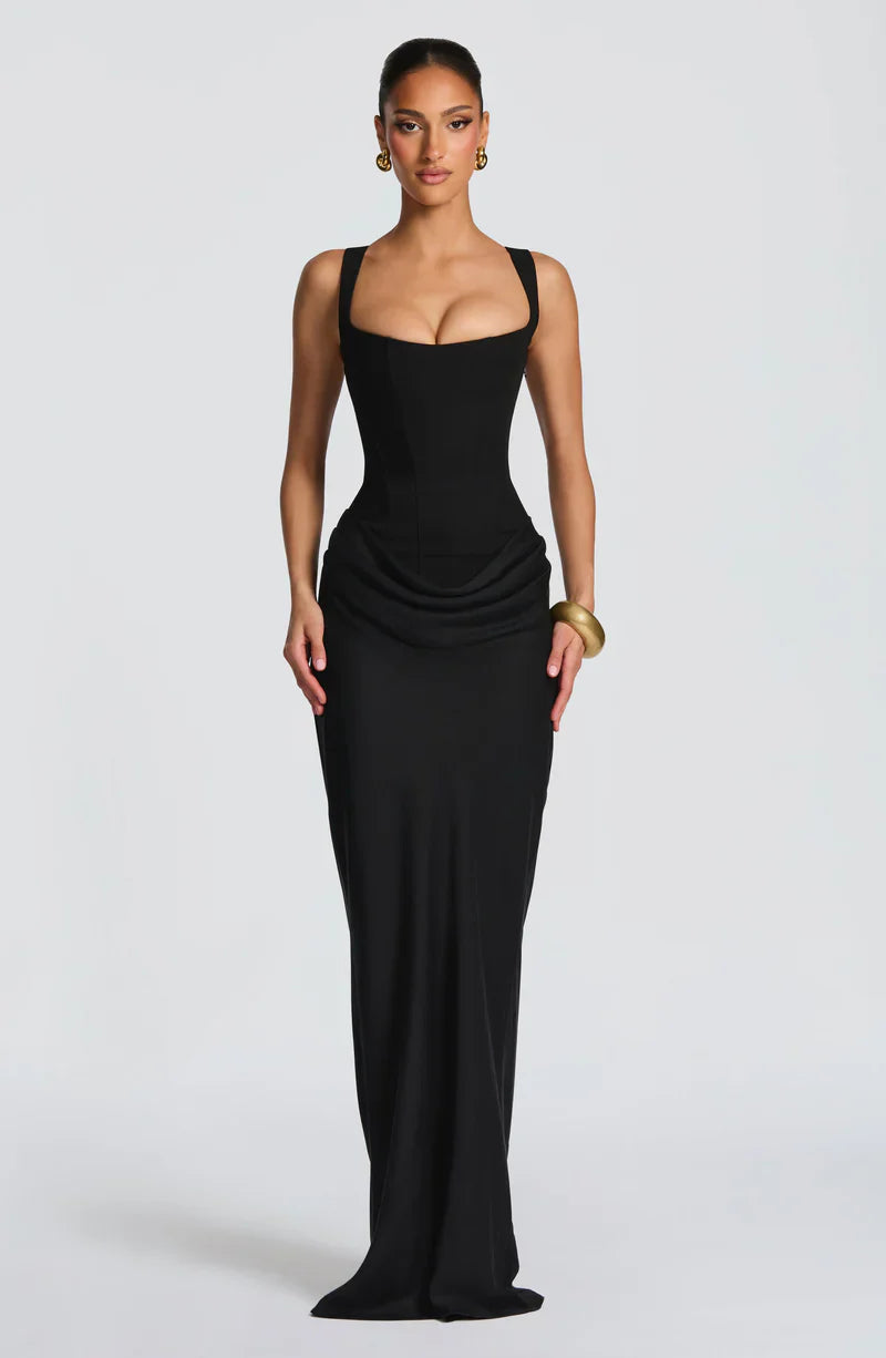 Zwarte Elegante Galajurk Maxi Corset Vetersluiting