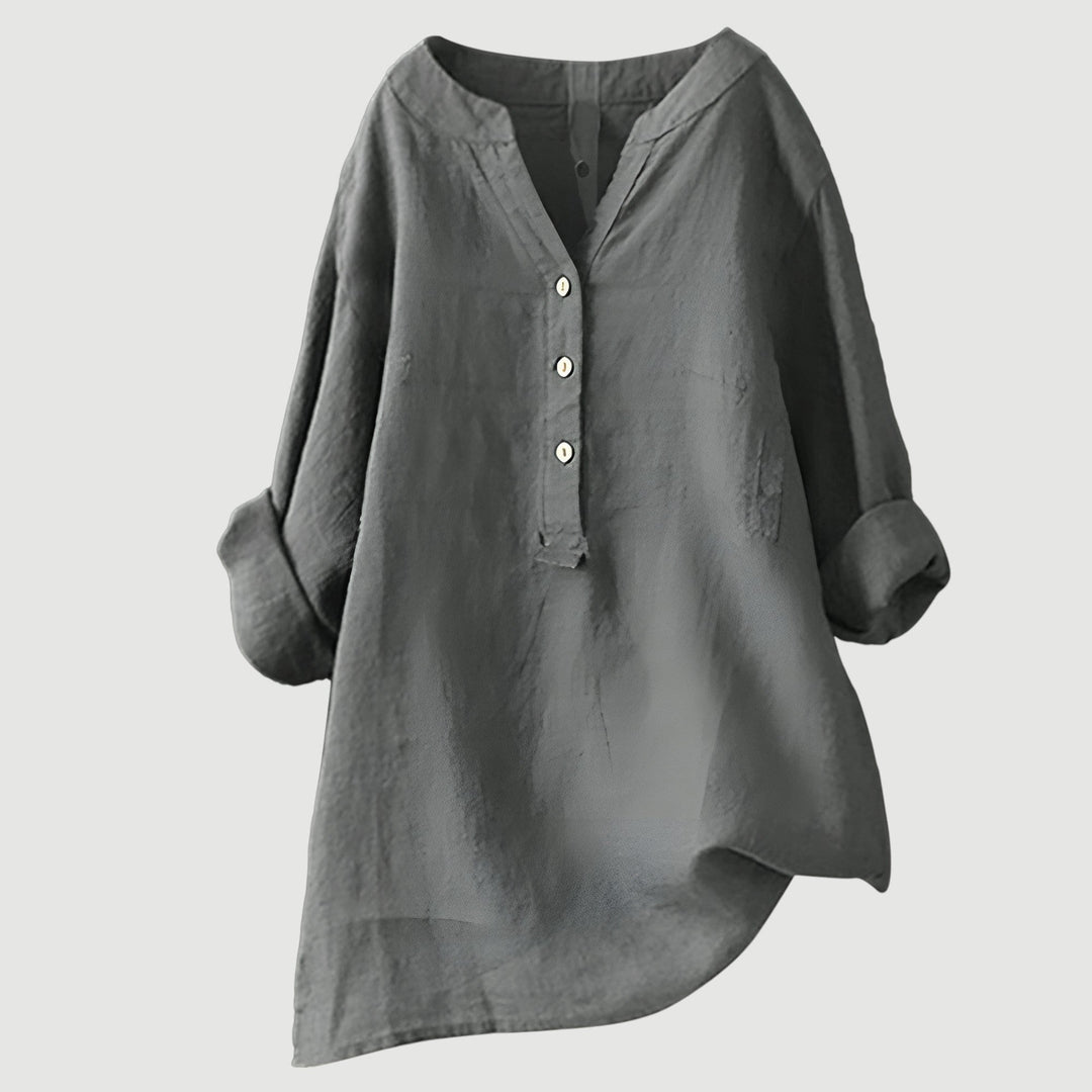 Luchtige Dames Tuniek Blouse Met V Hals En Knoopsluiting
