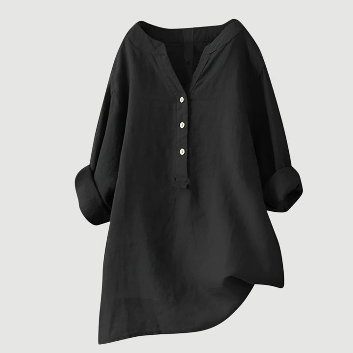 Luchtige Dames Tuniek Blouse Met V Hals En Knoopsluiting