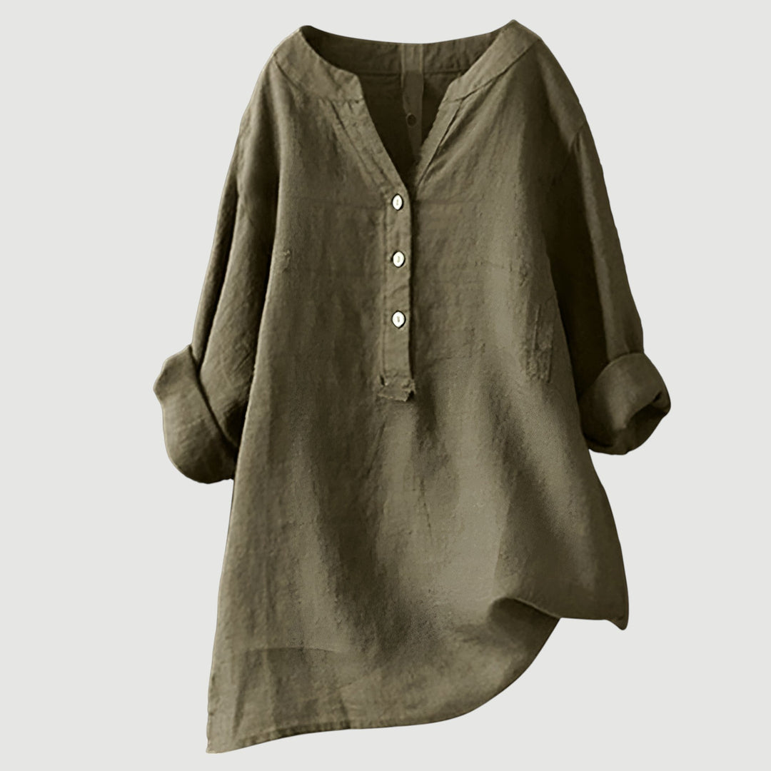 Luchtige Dames Tuniek Blouse Met V Hals En Knoopsluiting