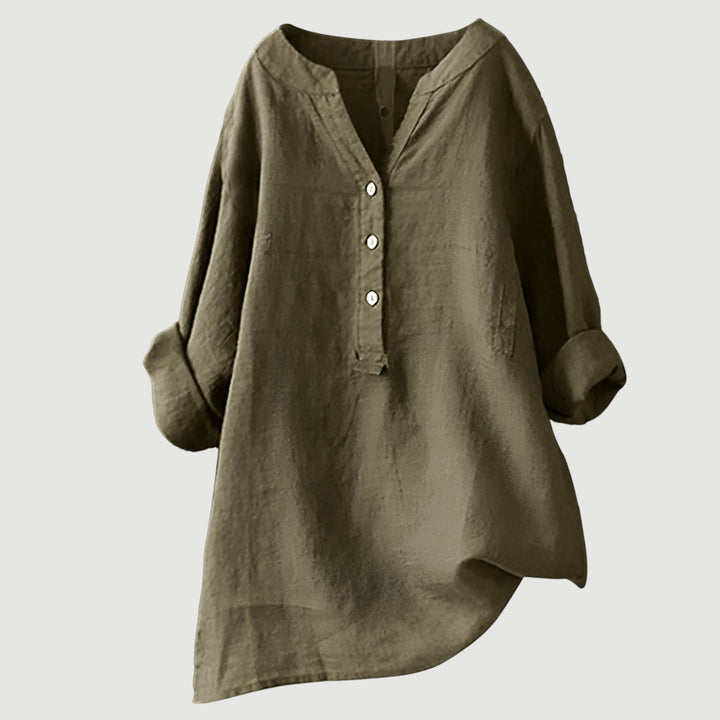 Luchtige Dames Tuniek Blouse Met V Hals En Knoopsluiting