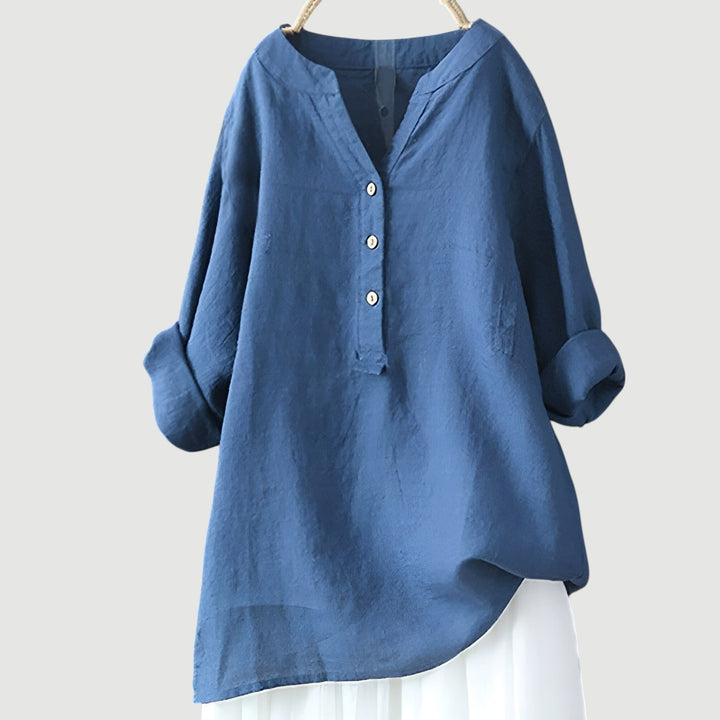 Luchtige Dames Tuniek Blouse Met V Hals En Knoopsluiting