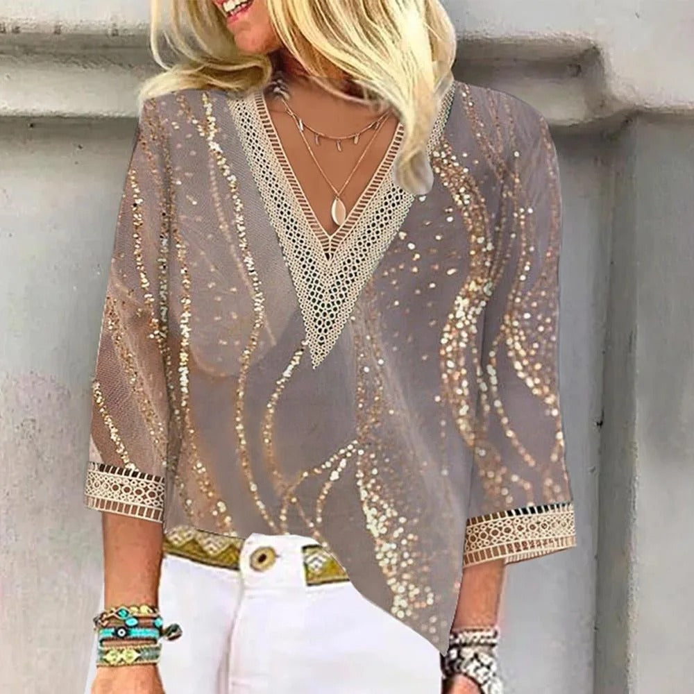 Dames Blouse Met V Hals En Print