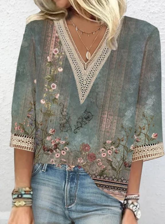 Dames Blouse Met V Hals En Print