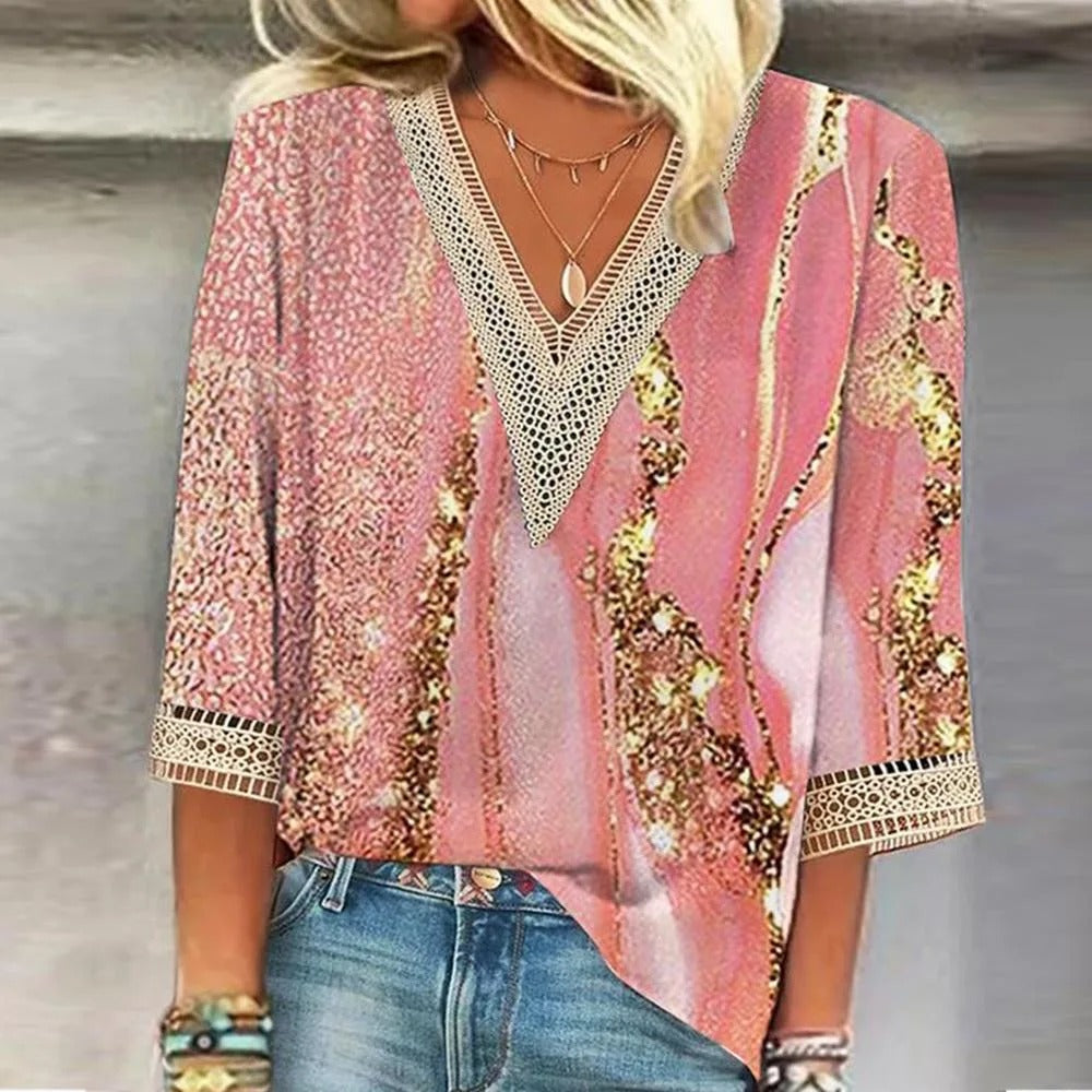 Dames Blouse Met V Hals En Print