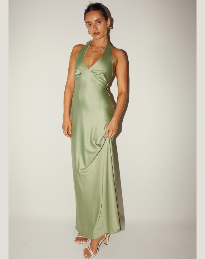 Lotte - Satijnen Dames Maxi Halterjurk met Split