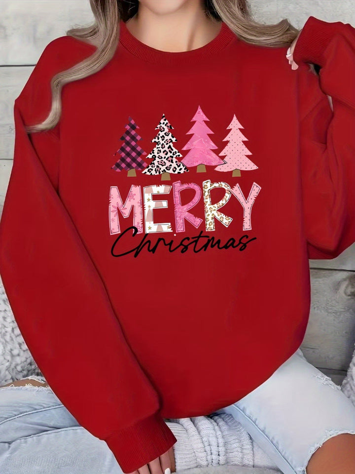Elin | Gezellige kersttrui met kerstboompatroon en "Merry Christmas" print