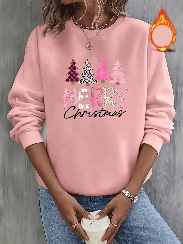 Elin | Gezellige kersttrui met kerstboompatroon en "Merry Christmas" print