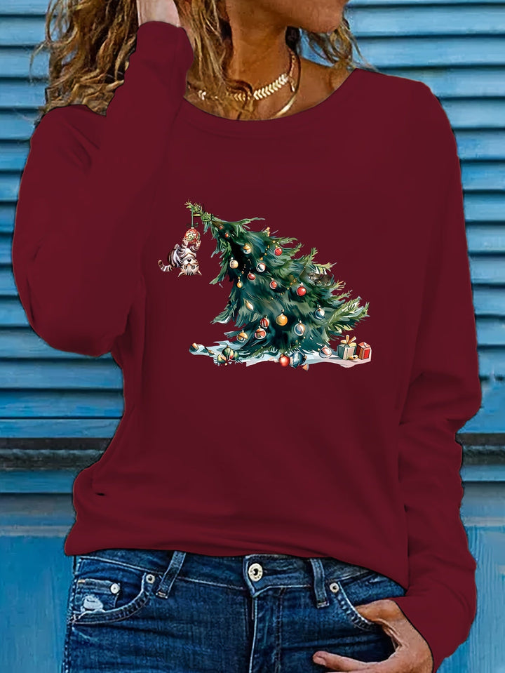 Elise | Feestelijk kerstboom print lange mouw t-shirt