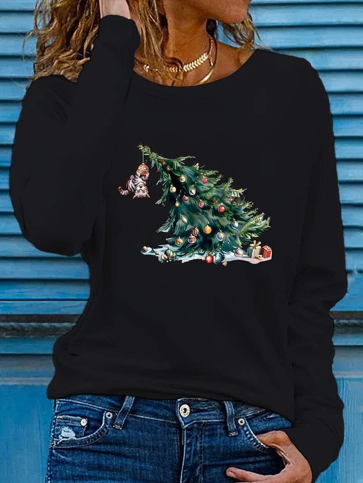 Elise | Feestelijk kerstboom print lange mouw t-shirt