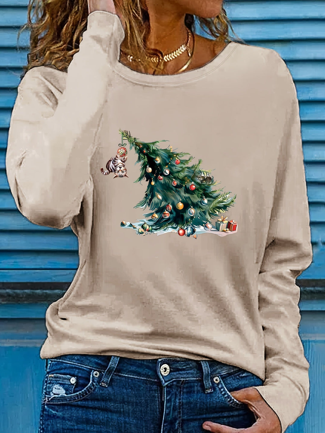 Elise | Feestelijk kerstboom print lange mouw t-shirt
