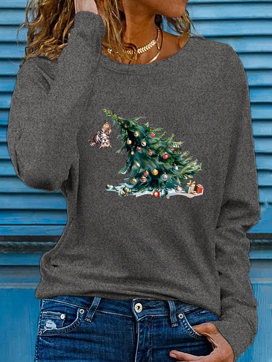Elise | Feestelijk kerstboom print lange mouw t-shirt