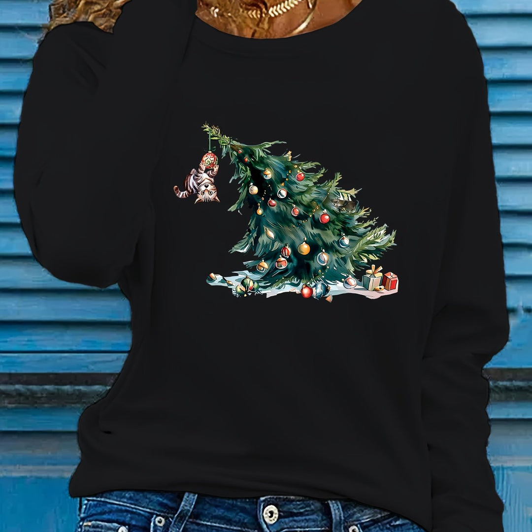 Elise | Feestelijk kerstboom print lange mouw t-shirt