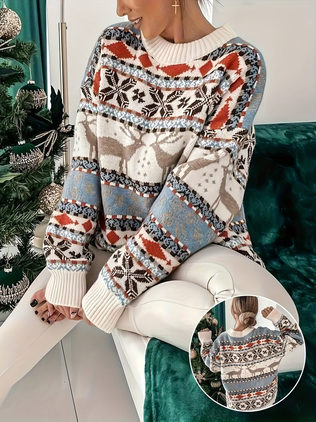 Elly | Gezellige kersttrui met geometrisch rendierpatroon