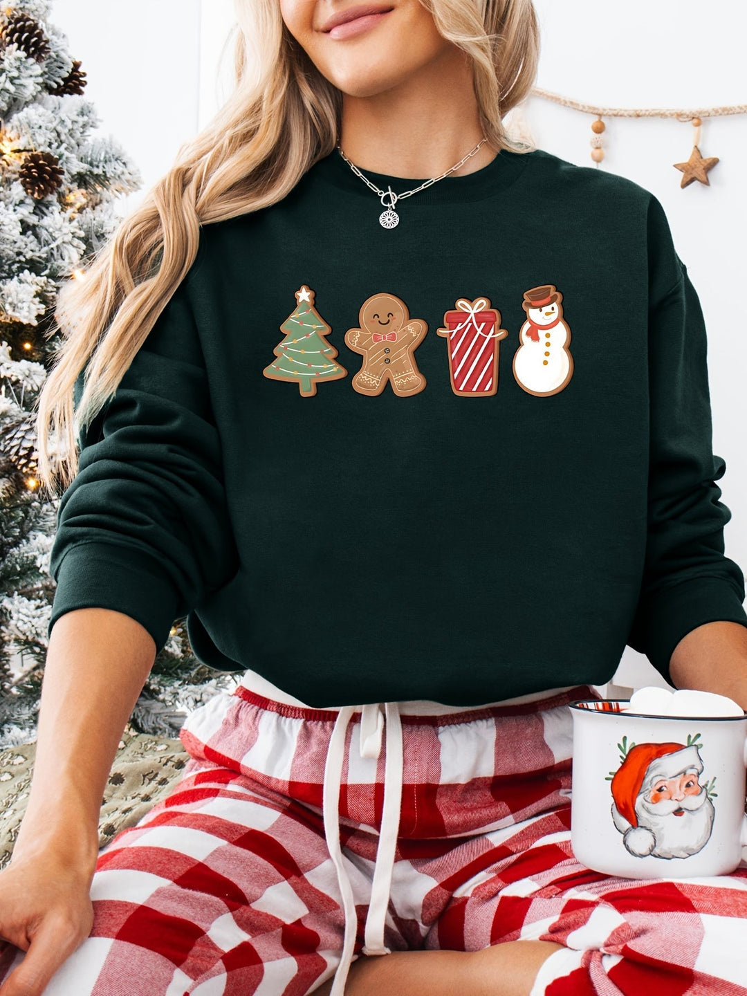Emma | Feestelijke kersttrui met sneeuwpop en boom print
