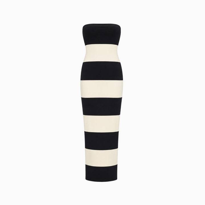 Gestreepte Maxi Jurk Dames Strapless Zwart Crème