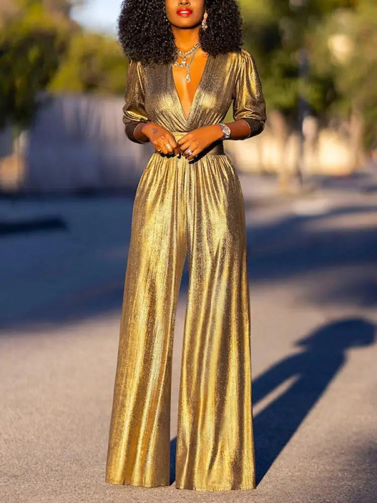 Luxe Dames Glanzende Jumpsuit Met Wijde Pijpen En V Hals