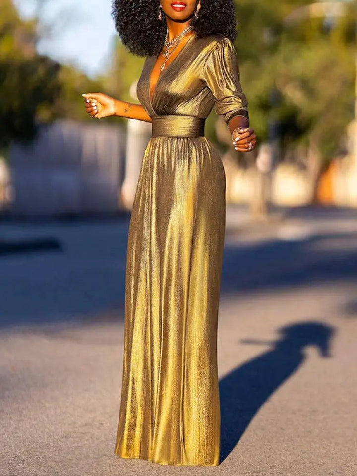 Luxe Dames Glanzende Jumpsuit Met Wijde Pijpen En V Hals