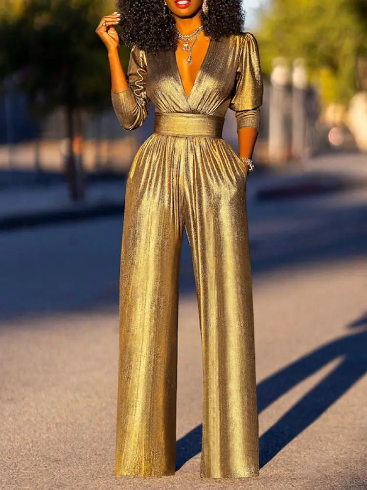 Luxe Dames Glanzende Jumpsuit Met Wijde Pijpen En V Hals