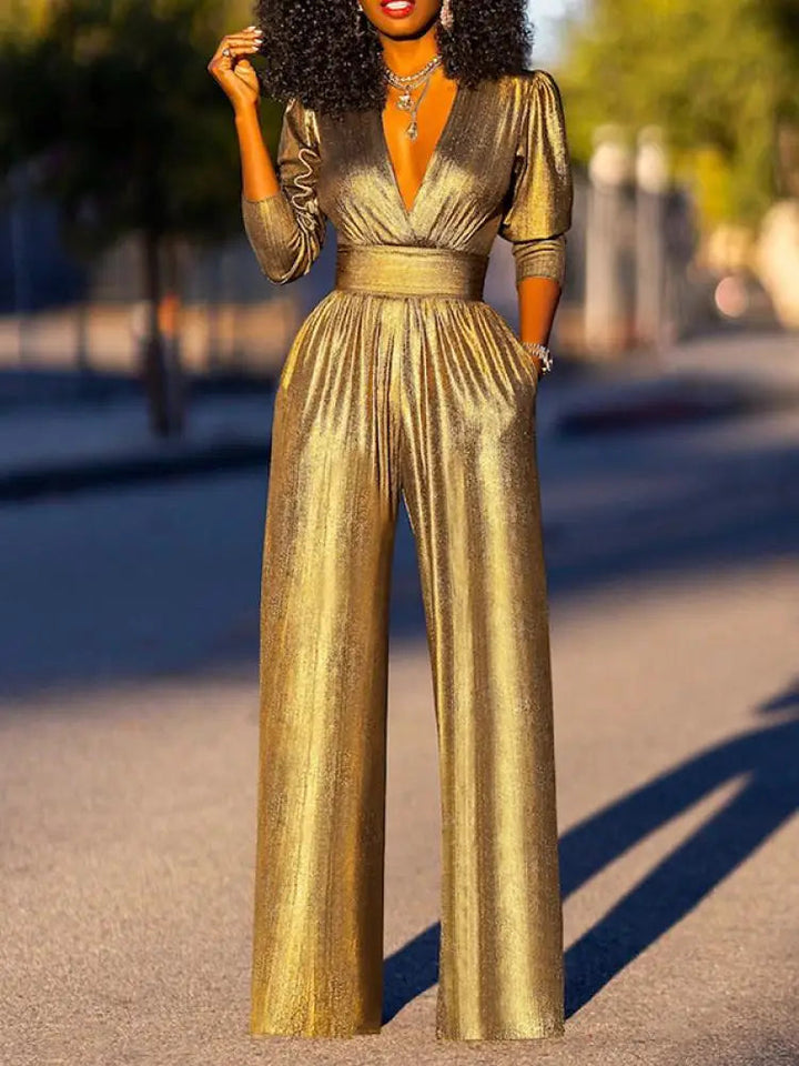 Luxe Dames Glanzende Jumpsuit Met Wijde Pijpen En V Hals