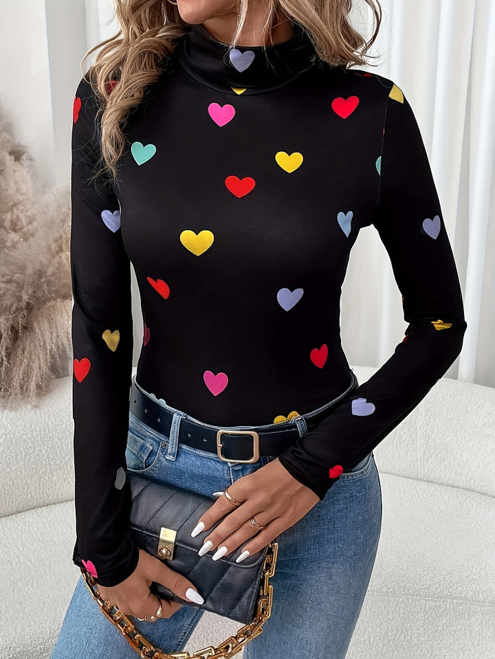 Jeanette | Chique Valentijnsdag hartjesprint T-shirt met lange mouw en hoge hals
