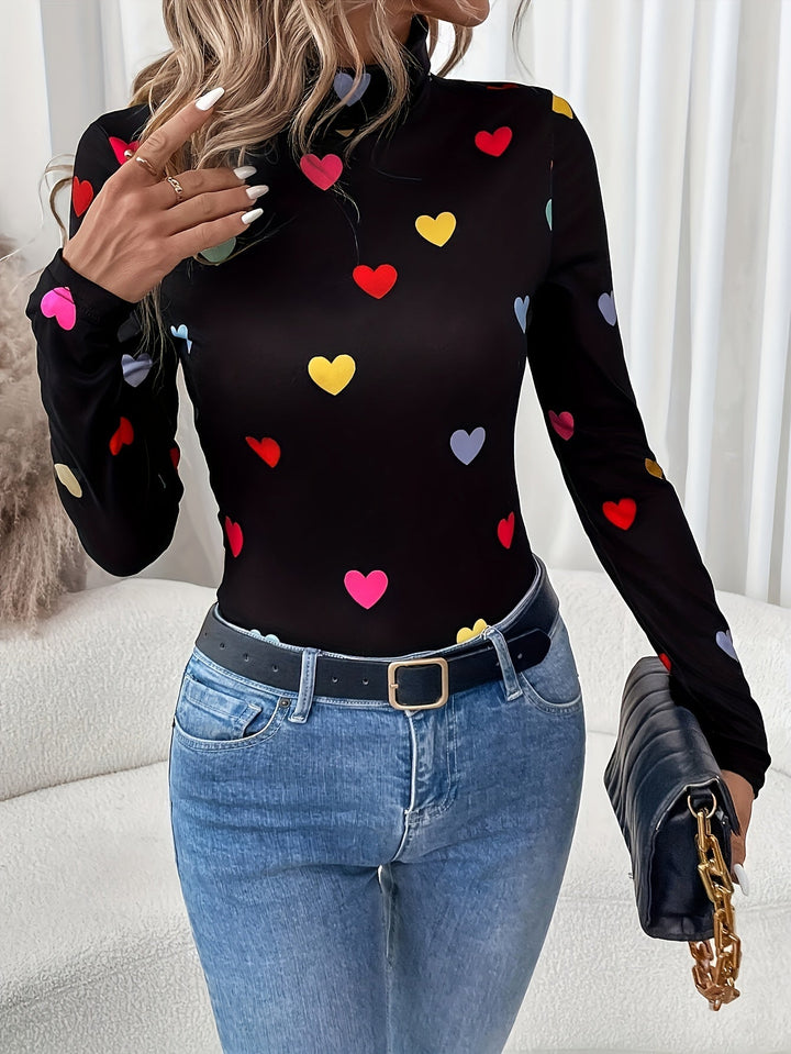 Jeanette | Chique Valentijnsdag hartjesprint T-shirt met lange mouw en hoge hals