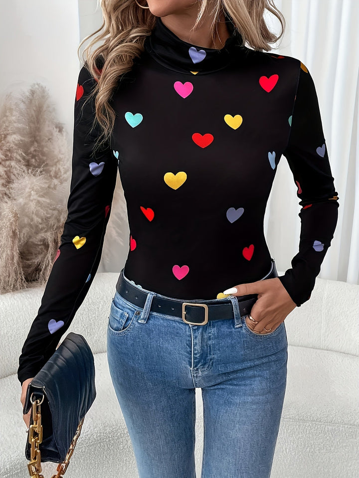 Jeanette | Chique Valentijnsdag hartjesprint T-shirt met lange mouw en hoge hals