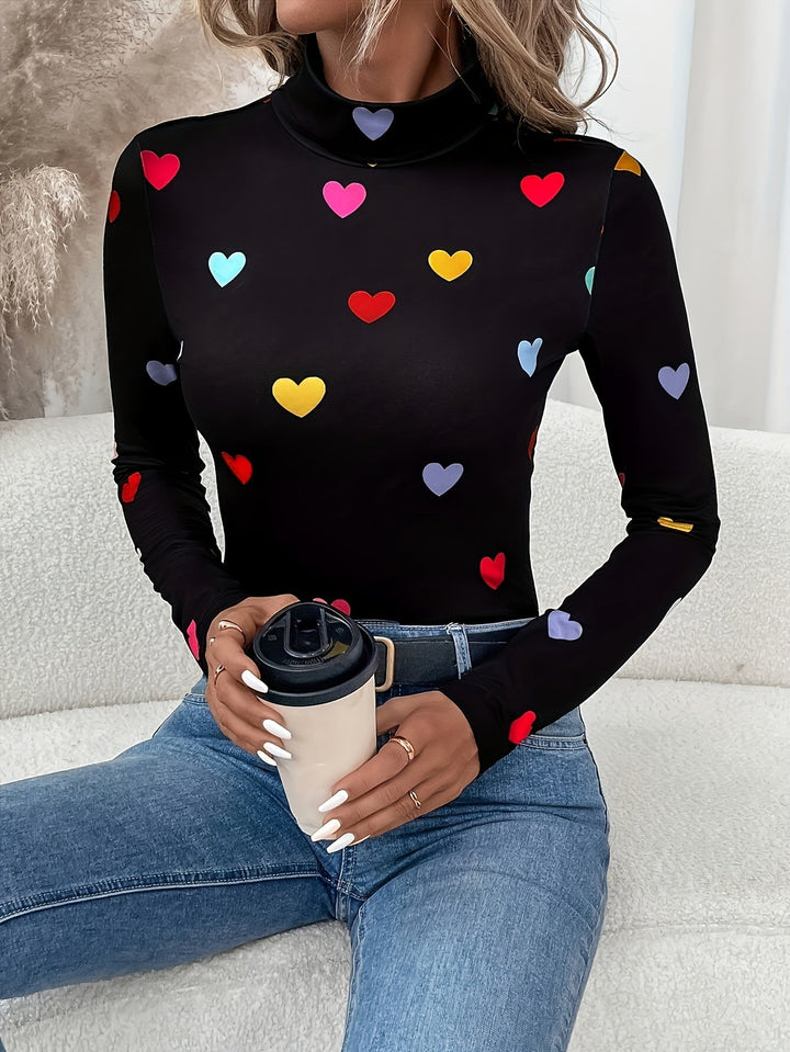 Jeanette | Chique Valentijnsdag hartjesprint T-shirt met lange mouw en hoge hals