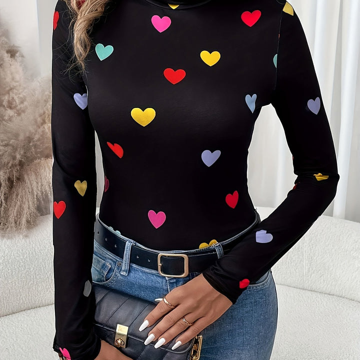 Jeanette | Chique Valentijnsdag hartjesprint T-shirt met lange mouw en hoge hals