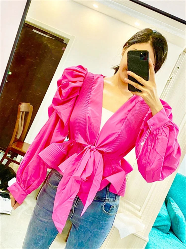 Käthe | V-hals Blouse met Pofmouwen