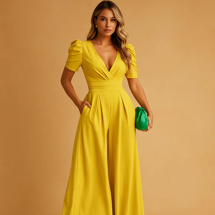 Luxe Dames Jumpsuit Met Puff Mouwen En Wijde Pijpen
