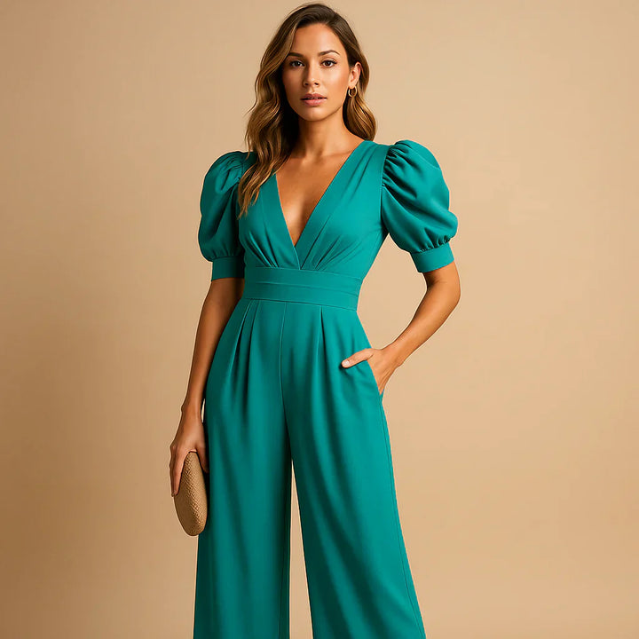Luxe Dames Jumpsuit Met Puff Mouwen En Wijde Pijpen