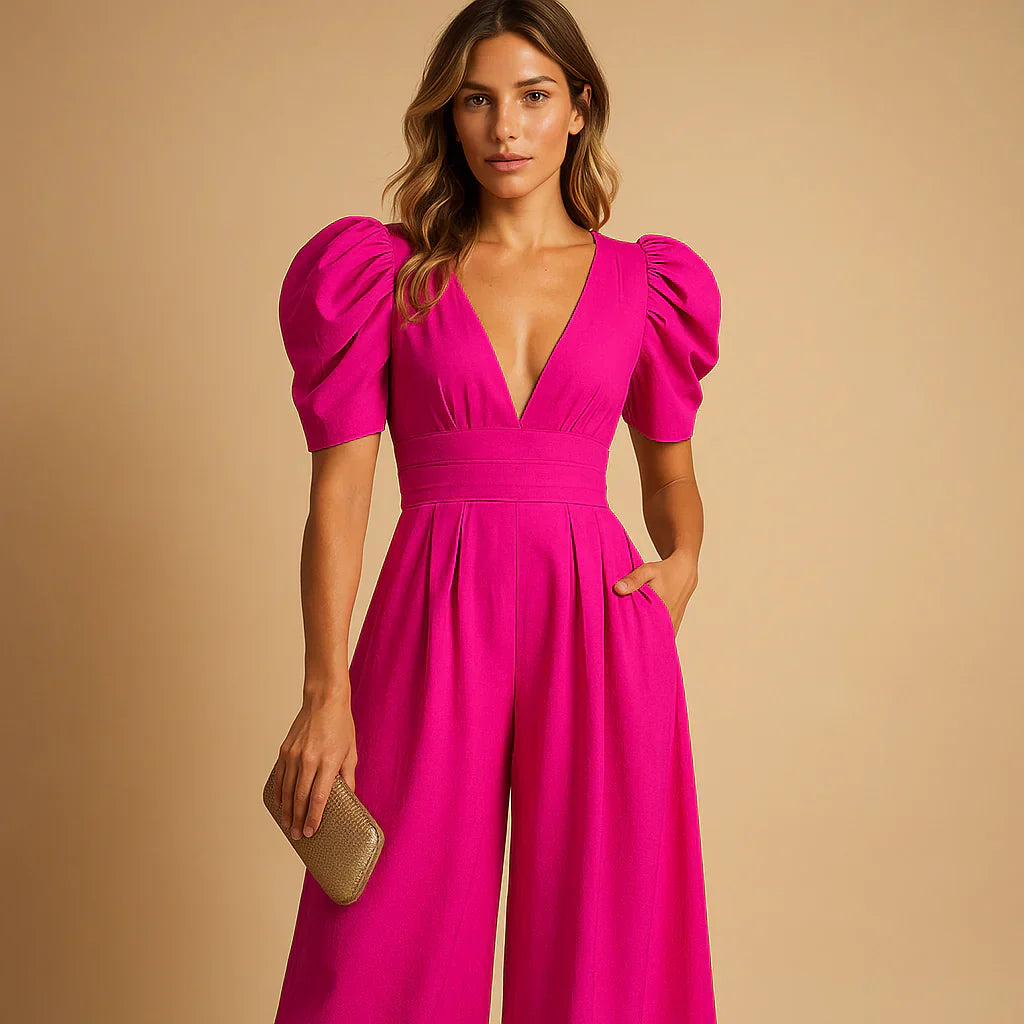 Luxe Dames Jumpsuit Met Puff Mouwen En Wijde Pijpen