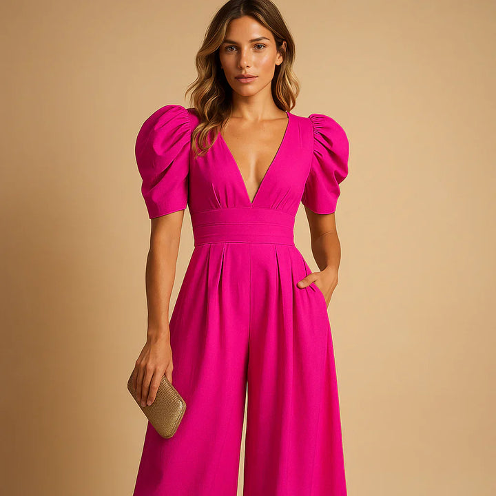 Luxe Dames Jumpsuit Met Puff Mouwen En Wijde Pijpen